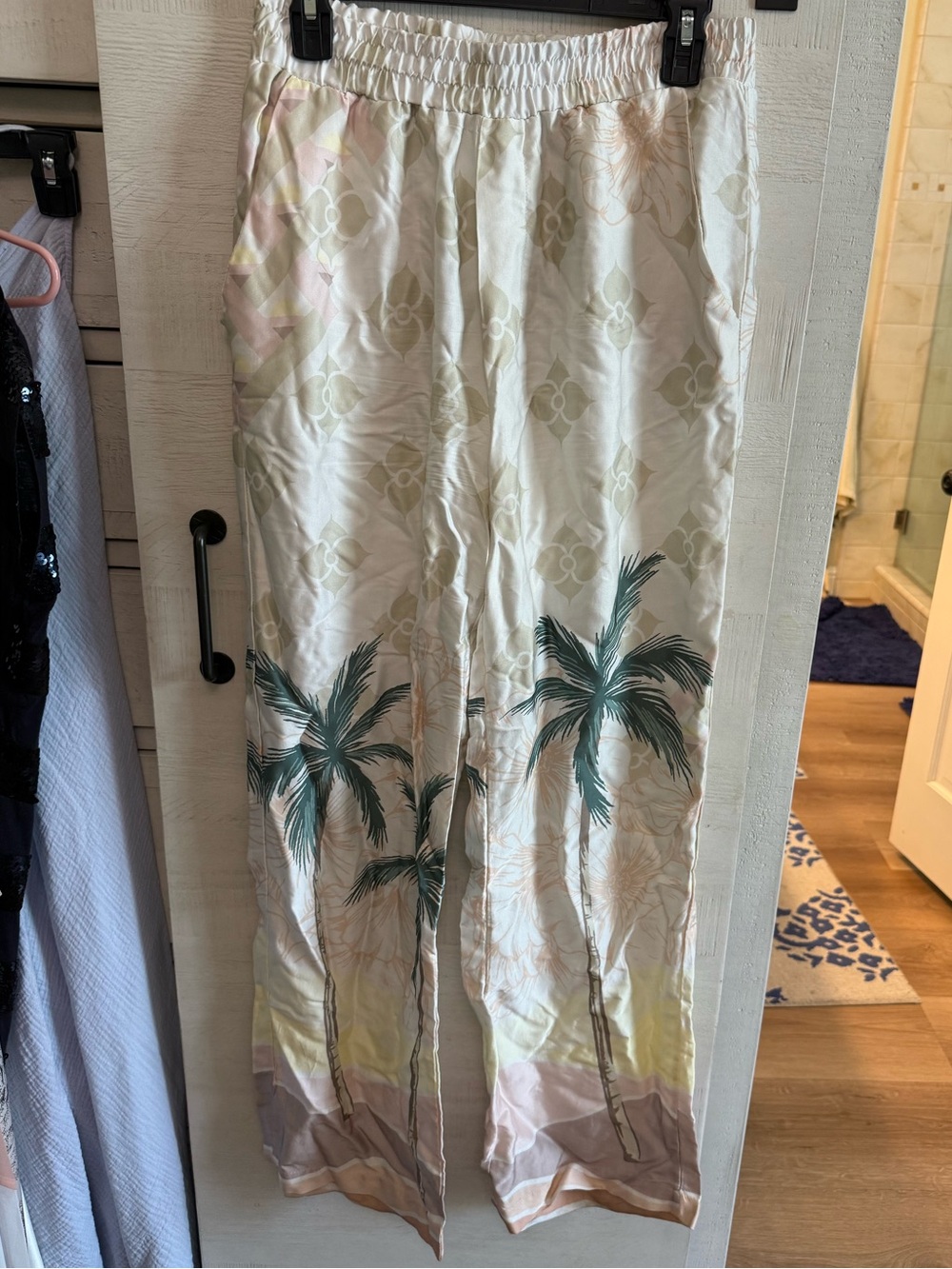 Womens Palm Print Elastic Waist pants  - White with Green Palm